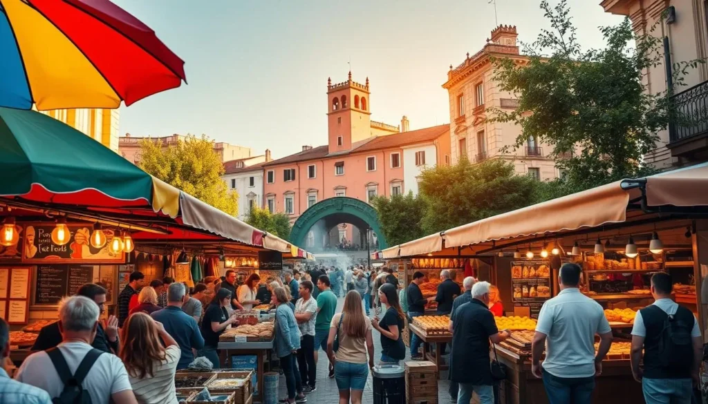 A bustling food festival scene in a vibrant town square, with colorful market stalls offering an array of delectable local delicacies. Tantalizing aromas of grilled meats, freshly baked breads, and sizzling street food waft through the air, drawing in hungry crowds. In the foreground, vibrant umbrellas and twinkling lights create a lively atmosphere, while the middle ground showcases vendors enthusiastically serving up their specialties. In the background, historic buildings and lush greenery provide a picturesque setting, bathed in warm, golden sunlight that casts a welcoming glow over the entire scene.