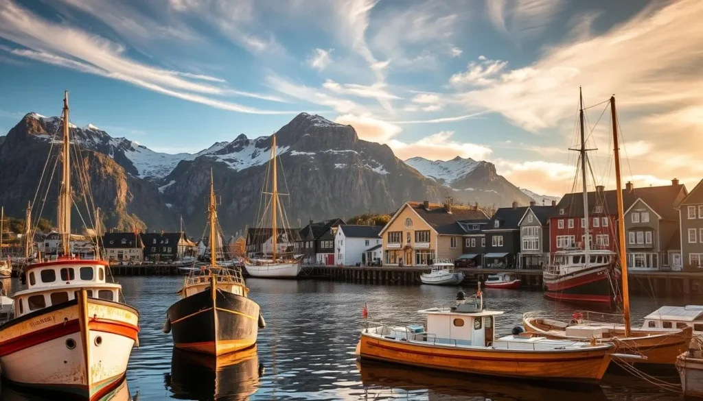 A bustling harbor town nestled along the rugged Norwegian coastline, Skudeneshavn's rich maritime history is on full display. In the foreground, weathered fishing boats and sleek sailing vessels bob gently in the calm fjord waters, their hulls bearing the scars of countless voyages. The middle ground showcases the charming, well-preserved 19th-century buildings that line the quaint streets, their facades adorned with decorative maritime motifs. In the background, craggy cliffs and snow-capped peaks rise majestically, creating a dramatic natural backdrop to this picturesque seaside scene. Warm, golden sunlight filters through wispy clouds, illuminating the bustling activity of this thriving coastal community steeped in seafaring tradition.