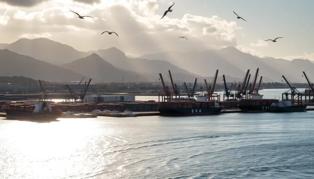 A bustling harbor with colorful ships and cranes dotting the shoreline of Puerto Cabello, Venezuela. Sunlight glitters on the calm waters, casting long shadows from the towering cargo containers and warehouses. In the distance, the silhouettes of the Coastal Range mountains rise, providing a dramatic backdrop to the active port scene. Seagulls soar overhead, their cries mingling with the sounds of activity below. The atmosphere is one of commerce and productivity, a glimpse into the vital role this port plays in the region's economy.