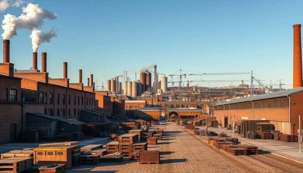 A bustling industrial landscape in Norrköping, Sweden, on a crisp, sunny day. In the foreground, rows of weathered brick factories and warehouses, their chimneys exhaling plumes of white smoke. Rusting machinery and abandoned crates litter the uneven cobblestone streets. In the middle ground, towering silos and cranes dot the skyline, a testament to the city's proud manufacturing heritage. The background is dominated by a network of train tracks and bridges, connecting this urban industrial hub to the wider world. The scene is bathed in warm, golden light, casting long shadows and accentuating the gritty, textured surfaces. Convey a sense of history, progress, and the enduring resilience of this Swedish industrial gem.
