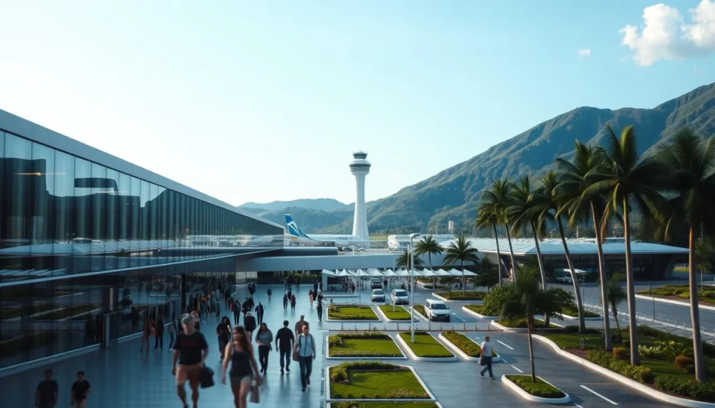 A bustling international airport set against a backdrop of lush, verdant hills. In the foreground, the modern, glass-walled terminal building with its clean, minimalist design. Passengers hurry through the arrivals and departures halls, their movement captured in a soft blur. Bright, natural light streams in through the expansive windows, casting a warm, inviting glow. In the middle ground, the control tower stands tall, its sleek silhouette cutting a striking figure against the clear, azure sky. Surrounding the airport, a network of well-paved roads and meticulously landscaped gardens. The atmosphere is one of efficiency, sophistication, and a sense of tropical tranquility.