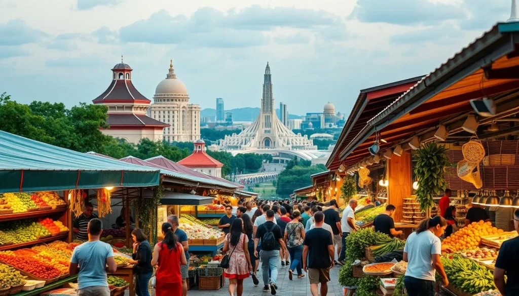 A bustling international vegetarian market in Brasilia, Brazil. Vibrant stalls showcasing an array of fresh produce, fragrant spices, and handcrafted vegetarian dishes from around the world. In the foreground, a lively scene of customers browsing the offerings, chatting with vendors, and sampling the diverse culinary delights. The middle ground features a mix of traditional and modern architectural styles, with warm lighting creating a welcoming atmosphere. In the background, a picturesque cityscape of Brasilia's iconic modernist buildings and lush greenery. The overall mood is one of cultural exchange, culinary exploration, and a celebration of the global diversity of vegetarian cuisine.