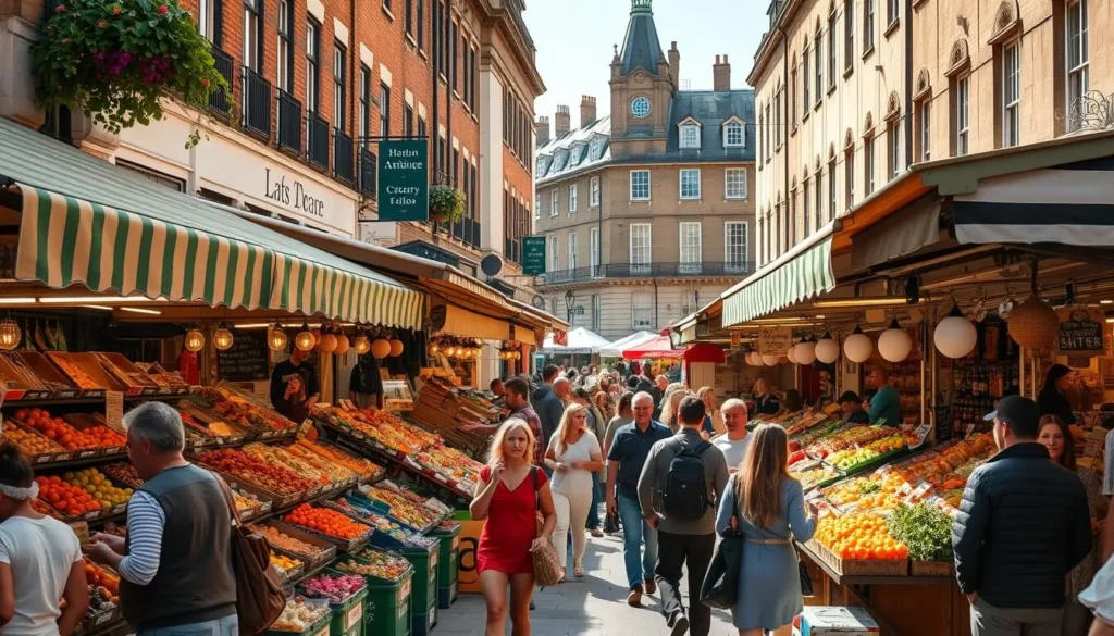 A bustling local food market in the heart of a vibrant London neighborhood. Rows of colorful stalls and stands offering a diverse array of fresh produce, artisanal baked goods, fragrant spices, and delectable street food. Sunlight filters through the canopies, casting a warm glow over the lively scene. Shoppers browse enthusiastically, sampling local delicacies and engaging with friendly vendors. In the background, historic buildings and quaint storefronts create a charming, picturesque setting. The atmosphere is lively, inviting, and quintessentially British, capturing the essence of a quintessential London market experience.