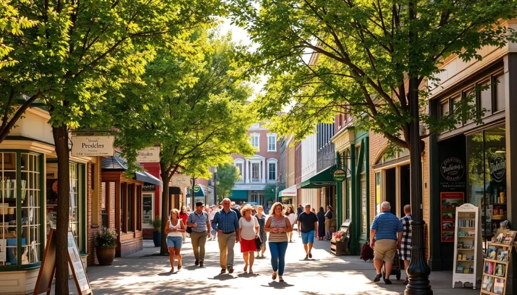 A bustling main street in Canandaigua, New York, capturing the charm of a quintessential small-town shopping district. The sidewalks are lined with locally-owned boutiques, artisan shops, and unique specialty stores, bathed in warm, golden sunlight filtering through towering trees. Shoppers stroll past colorful facades, window displays, and inviting entryways, creating a lively, picturesque scene. In the middle ground, people browse shelves and chat with shopkeepers, while in the background, historic buildings and lampposts frame the vibrant atmosphere. The overall mood is one of quaint, friendly, and inviting small-town America, perfect for showcasing the best of Canandaigua's local shopping experience.