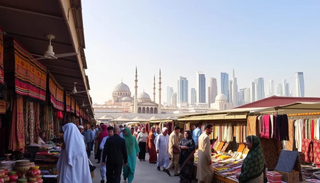 A bustling marketplace in Doha, Qatar, under the warm glow of the afternoon sun. In the foreground, colorful textiles and intricate handcrafted goods are displayed by local artisans, their traditional dress and warm smiles welcoming visitors. The middle ground features a blend of modern and historic architecture, with domes and minarets of mosques rising in the distance. In the background, the iconic skyscrapers of Doha's skyline stand tall, creating a harmonious contrast between the ancient and the contemporary. The scene is alive with the sounds of bartering, the aroma of spices, and the vibrant energy of Qatari culture.
