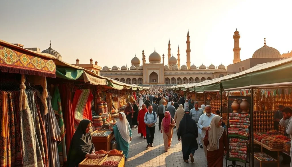 A bustling marketplace in the heart of Medina, Saudi Arabia, filled with vibrant stalls and captivating cultural experiences. In the foreground, intricate hand-woven textiles and traditional garments in rich, jewel-toned hues. Middle ground showcases vendors offering aromatic spices, gleaming copper wares, and intricate woodcarvings. In the background, the iconic architecture of Medina's historic center, with domed roofs and minarets casting long shadows under the warm, golden sunlight. Pedestrians and locals immersed in the lively atmosphere, creating a palpable sense of cultural immersion. Convey the essence of Medina's renowned heritage and the allure of its time-honored traditions.