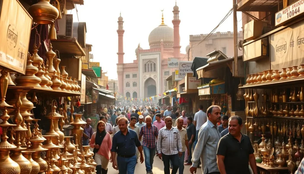 A bustling marketplace in the heart of Moradabad, Uttar Pradesh, showcasing the vibrant cultural heritage of the region. Vendors display an array of intricate brass and copper handicrafts, their skilled hands shaping the molten metal into ornate vases, trays, and figurines. Shoppers meander through the crowded lanes, haggling good-naturedly as the air fills with the sounds of haggling and the rhythmic tapping of hammers. In the background, a grand Mughal-era mosque stands tall, its minarets reaching skyward, casting a serene presence over the lively scene. Warm sunlight filters through the tightly-packed buildings, illuminating the vibrant colors and creating a timeless atmosphere that captures the essence of Moradabad's enduring cultural traditions.