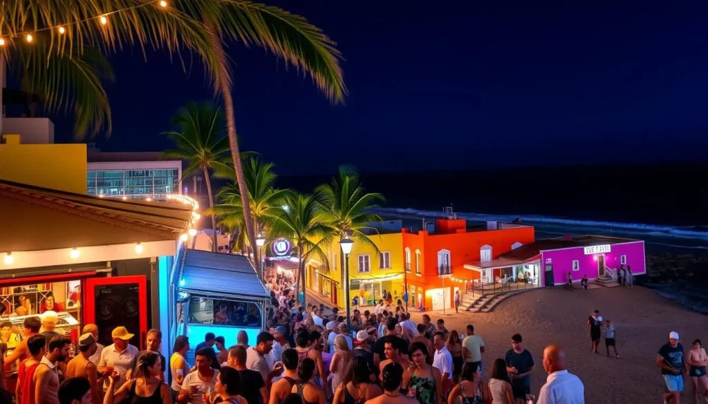 A bustling nightlife scene in the charming coastal town of Punta del Diablo, Uruguay. In the foreground, crowds of lively locals and tourists mingle outside a vibrant beachfront bar, drinks in hand, music pulsing from its open doors. In the middle ground, brightly colored buildings line the streets, their facades illuminated by strings of twinkling lights. The background features the silhouette of palm trees swaying gently in the evening breeze, with the vast, dark expanse of the Atlantic Ocean stretching out beyond. The mood is one of carefree revelry, a perfect blend of beach town ambiance and South American energy.