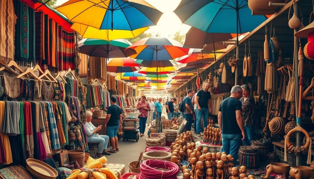 A bustling open-air market in Feira De Santana, Brazil, showcasing an array of handcrafted local treasures. In the foreground, artisans display an assortment of vibrant textiles, intricate weavings, and delicately carved wooden figurines. Shoppers browse the stalls, immersed in the lively atmosphere. The middle ground reveals a mosaic of colorful umbrellas providing shade, with vendors skillfully arranging their handmade goods. In the background, the warm, golden sunlight filters through, casting a soft, inviting glow over the entire scene. The overall mood is one of vibrant community, cultural richness, and a celebration of the region's artisanal traditions.