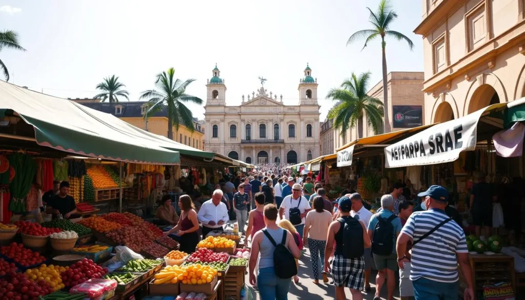 A bustling open-air market in Feira De Santana, Brazil, under a bright midday sun. In the foreground, vendors display an array of colorful produce, handcrafted goods, and local delicacies. The middle ground features the lively crowd of shoppers, bargaining and mingling amidst the stalls. In the background, the iconic colonial architecture of the city's historic center provides a picturesque backdrop. The scene is filled with the energy and vibrancy of this renowned marketplace, capturing the essence of Feira Livre - a hub of commerce, community, and cultural traditions.