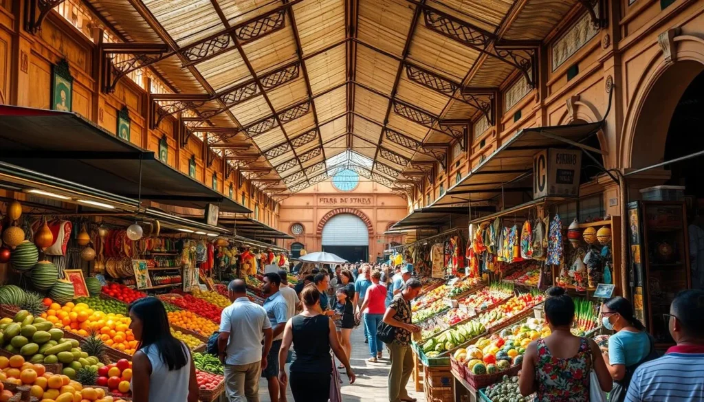 A bustling open-air market in Feira de Santana, Brazil. Centro de Abastecimento, a lively hub of commerce and community. Rows of colorful stalls overflow with fresh produce, local handicrafts, and the chatter of vendors. Sunlight filters through a canopy of awnings, casting a warm glow over the scene. In the foreground, shoppers browse an array of tropical fruits and vegetables, haggling good-naturedly. The middle ground showcases artisanal wares, from intricate ceramics to vibrant textiles. In the background, the market's architectural details come into focus - ornate archways, weathered walls, and a bustling energy that captures the essence of this celebrated local landmark.