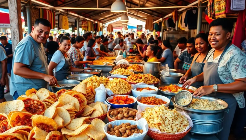 A bustling open-air market in Maracaibo, Venezuela, showcasing a vibrant array of local dishes. In the foreground, a colorful spread of arepas, hallacas, and pabellón criollo - traditional favorites of the region. The middle ground features vendors expertly preparing and serving these delectable specialties, their faces alight with pride. In the background, a lively crowd of locals and tourists mingle, the sounds of sizzling pans and lively conversation creating a warm, inviting atmosphere. Warm, natural lighting casts a golden glow, accentuating the rich colors and textures of the food and setting. Capture the essence of Maracaibo's thriving culinary culture in a single, captivating scene.