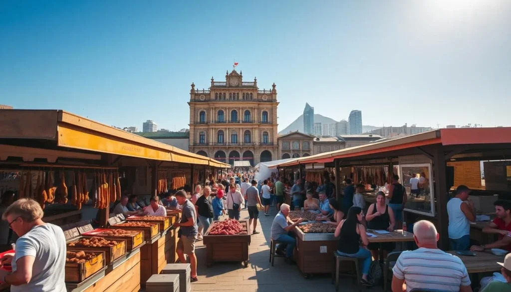 A bustling open-air market in Montevideo, Uruguay, bathed in warm afternoon sunlight. In the foreground, wooden stalls display an array of succulent grilled meats, their savory aroma filling the air. Patrons gather around tables, indulging in Uruguay's renowned churrasco and sharing lively conversation. In the middle ground, the historic Mercado del Puerto building stands tall, its ornate architecture a testament to the market's rich heritage. The background reveals the vibrant city skyline, with the iconic Cerro de Montevideo peak in the distance. Capture the lively atmosphere, the mouthwatering flavors, and the unique spirit of this quintessential Uruguayan experience.
