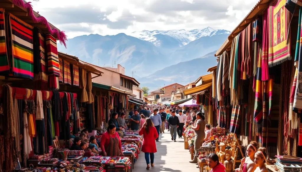 A bustling open-air market in Otavalo, Ecuador, filled with the vibrant hues and intricate textiles of the Otavaleno culture. In the foreground, local artisans display their handcrafted wares - colorful weavings, intricate jewelry, and traditional wooden carvings. The middle ground is a lively scene of shoppers haggling and exploring the diverse offerings. In the background, the majestic Andes mountains rise, providing a stunning natural backdrop to this cultural experience. Warm, diffused sunlight filters through the market stalls, creating a welcoming and authentic atmosphere. Capture the essence of Otavaleno tradition and the pride of its people in this timeless snapshot.