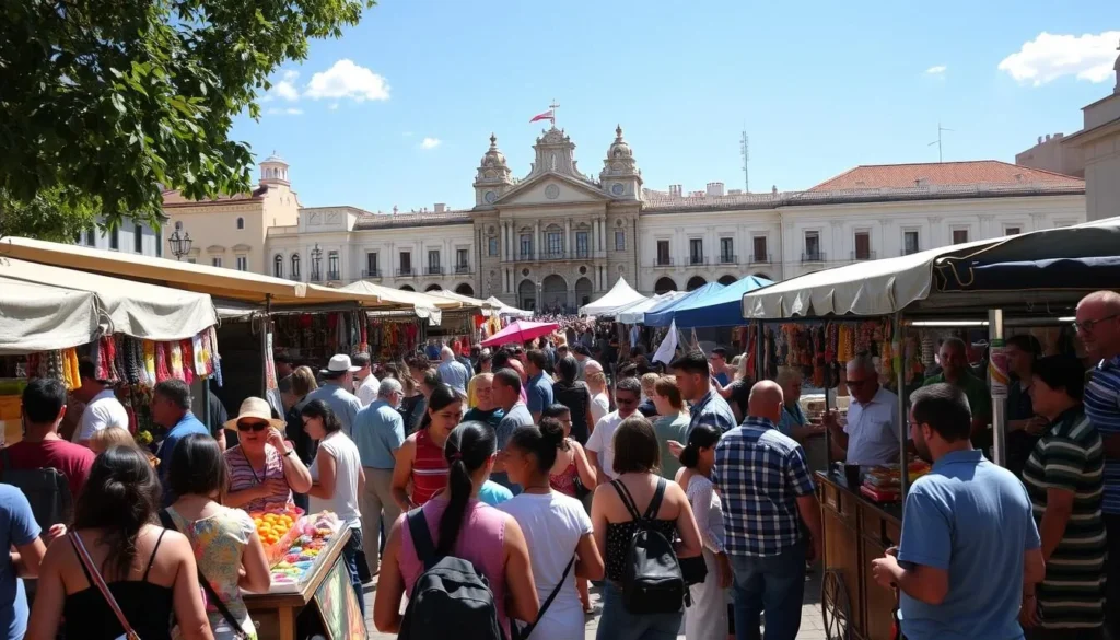 A bustling open-air market in Salto, Uruguay, Mercado 18 de Julio is alive with the vibrant energy of local vendors and shoppers. Capture the sun-dappled stalls overflowing with fresh produce, colorful handicrafts, and the enticing aromas of sizzling street food. Crowd around a vendor's cart, savoring a traditional empanada or sipping a refreshing mate as lively conversations fill the air. In the background, the historic buildings of Salto's city center provide a picturesque backdrop, creating an authentic and immersive atmosphere of Uruguayan culture and community.