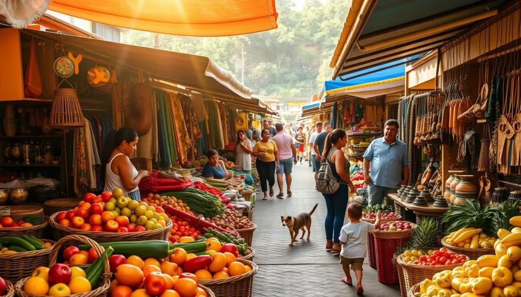 A bustling open-air market in San Gil, Colombia, filled with vibrant stalls showcasing the region's fresh produce, handcrafted wares, and lively local vendors. Warm sunlight filters through the canopies, casting a golden glow over the lively scene. In the foreground, colorful fruits and vegetables spill out from woven baskets, inviting passersby to browse and sample the local delights. In the middle ground, artisans display their intricate textiles, ceramics, and wooden carvings, each piece a testament to the area's rich cultural heritage. The background is dotted with the lively chatter of shoppers and the occasional stray dog or cat weaving through the bustling crowd, creating an authentic and immersive atmosphere.