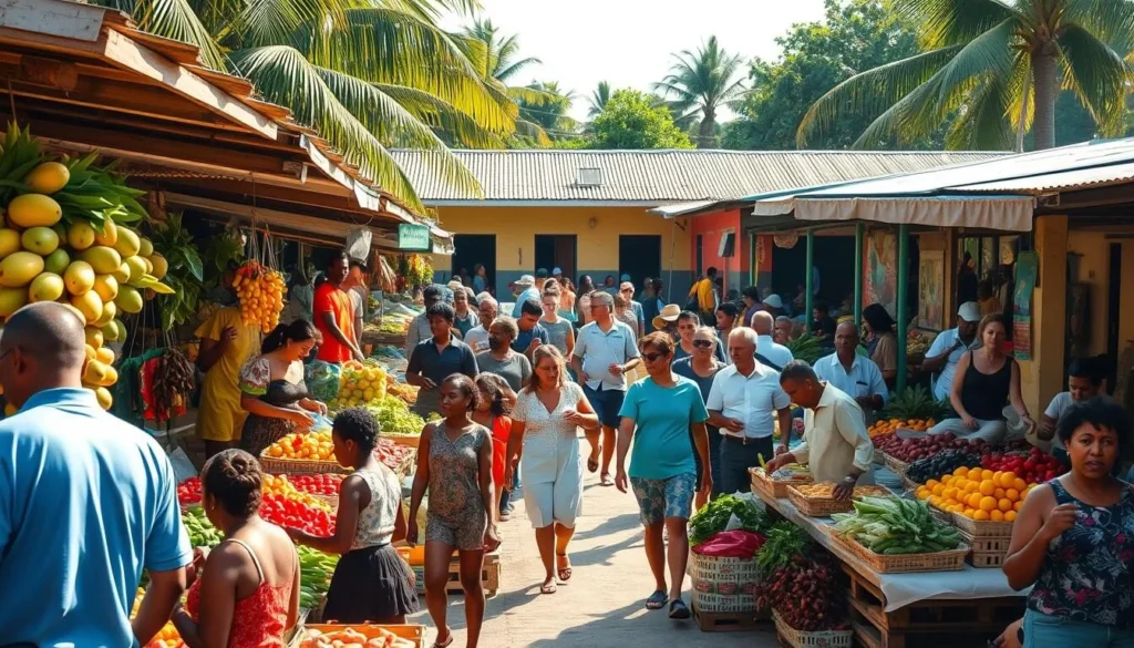 A bustling open-air market in a tropical French Guiana town, bathed in warm afternoon sunlight. Stalls spill over with vibrant local produce - ripe mangoes, leafy greens, colorful root vegetables. Shoppers browse the wares, haggling good-naturedly with vendors. In the middle ground, a mix of locals and tourists meander through the lively crowds, absorbing the sights, sounds and smells of daily life. In the background, a row of simple, colorful buildings frame the scene, their facades weathered by the elements. An atmosphere of community, commerce and celebration pervades the lively market square.