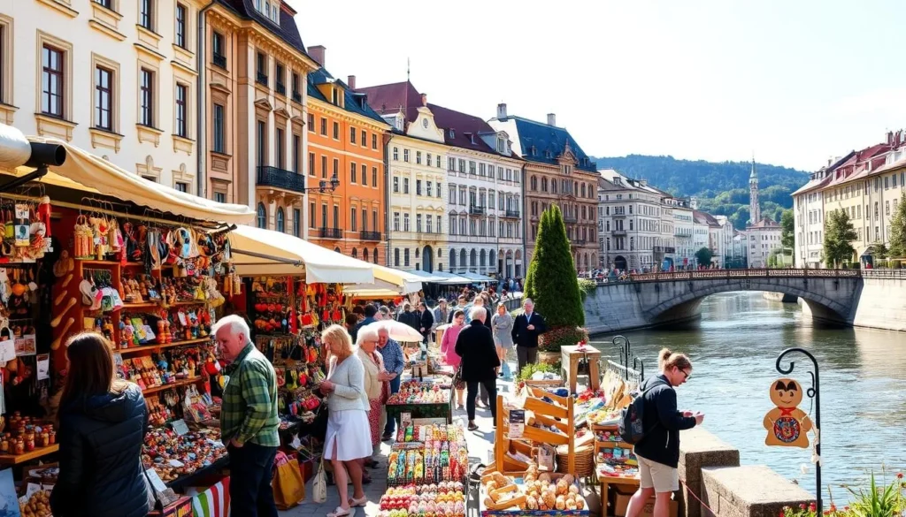 A bustling open-air market in the heart of Karlovy Vary, vendors offering an array of traditional Czech souvenirs. Colorful wooden figurines, intricate glass ornaments, and handcrafted lace accessories line the stalls, basking in the warm afternoon sunlight. Locals and tourists alike browse the selection, haggling playfully with the shopkeepers. In the background, the iconic neoclassical buildings of the historic city center provide a picturesque backdrop, their pastel facades reflecting in the gentle flow of the Teplá River. The scene emanates a vibrant, lively atmosphere, capturing the essence of Karlovy Vary's unique shopping experience.