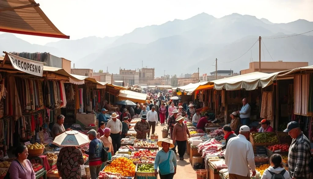 A bustling open-air market in the heart of La Rinconada, Peru, filled with vibrant colors and lively activity. Rows of stalls overflowing with fresh produce, handcrafted textiles, and local artisanal goods. In the foreground, vendors enthusiastically engage with customers, haggling and exchanging goods. The middle ground is a chaotic yet organized maze of tarps, umbrellas, and makeshift structures, creating a sense of energy and community. The background features the towering Andes mountains, providing a stunning natural backdrop to the scene. Warm, diffused sunlight filters through the market, casting a soft, golden glow over the entire setting. An authentic and immersive depiction of the bustling heart of La Rinconada.