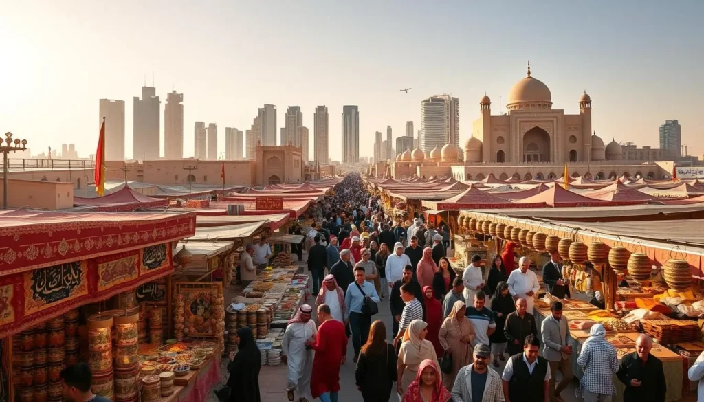 A bustling open-air market in the heart of Riyadh, Saudi Arabia, filled with vibrant colors, lively energy, and the aroma of spices. In the foreground, vendors sell an array of local handicrafts, textiles, and delicacies, their stalls adorned with intricate patterns and ornate displays. In the middle ground, crowds of people weave through the market, browsing the offerings and engaging in animated conversations. The background showcases the city's modern skyline, with towering skyscrapers and ancient architecture creating a striking contrast. The scene is bathed in warm, golden sunlight, casting a soft, inviting glow over the entire festival. The overall atmosphere is one of celebration, cultural richness, and a welcoming spirit that captures the essence of Riyadh's vibrant festival scene.