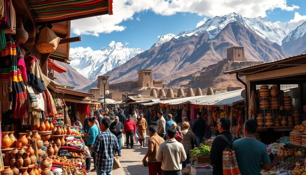A bustling open-air marketplace in the Andes mountains, with stalls overflowing with vibrant textiles, handcrafted pottery, and fresh produce. Tightly packed rows of vendors and locals haggling, creating a lively atmosphere. In the background, towering snow-capped peaks and ancient Inca ruins set the scene. Warm, natural lighting filters through the open-air stalls, casting soft shadows and highlighting the rich colors. Capture the energy and charm of this iconic Peruvian marketplace, where the old and new seamlessly blend.