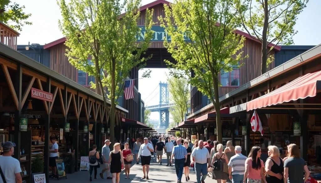 A bustling open-air shopping district on Granville Island, British Columbia. The Net Loft stands as the centerpiece, its wooden facade and pitched roof evocative of a bygone maritime era. Visitors meander through a labyrinth of artisan workshops, local boutiques, and specialty food stalls, basking in the soft natural light that filters through the treetops. In the distance, the iconic Granville Street Bridge frames the scene, a reminder of the island's connection to the city beyond. The atmosphere is one of charming creativity and community, inviting exploration and discovery around every corner.