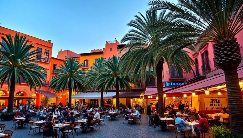 A bustling outdoor dining scene in the heart of Ica, Peru. Vibrant terracotta buildings frame a lively plaza, their colorful facades casting warm shadows onto the cobblestone streets below. Tables spill out from cozy restaurants, patrons enjoying traditional Peruvian cuisine and local wines under the glow of string lights and lanterns. Towering palm trees sway gently in the soft breeze, the aroma of grilled meats and fresh seafood mingling with the chatter of happy diners. A serene, inviting atmosphere that captures the essence of Ica's thriving culinary culture.