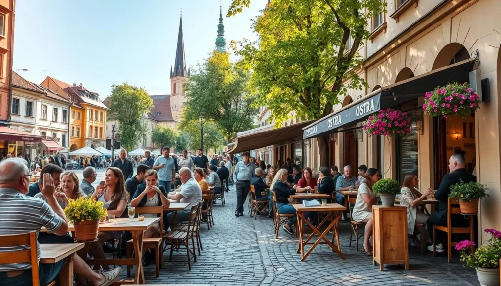 A bustling outdoor dining scene in the heart of Ostrava, Czechia. Patrons enjoy a sunny afternoon, savoring local cuisine at a cozy cafe along a charming cobblestone street. Lively chatter and the aroma of fresh-brewed coffee fill the air. Rustic wooden furniture, vibrant flower baskets, and a touch of Old World architecture create a warm, inviting atmosphere. Soft natural light filters through the canopy of trees, casting a golden glow over the scene. In the background, historic buildings and a church spire suggest the city's cultural heritage. This idyllic dining experience encapsulates the essence of Ostrava's vibrant culinary scene.