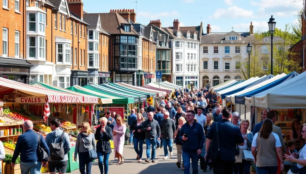 A bustling outdoor event in the heart of Ealing, London, on a sunny spring day. The scene depicts a vibrant marketplace with various stalls selling local produce, artisanal crafts, and delectable street food. Visitors stroll leisurely, browsing the array of colorful wares, while live music and the lively chatter of the crowd create a lively atmosphere. In the background, the iconic architecture of the borough, including historic buildings and charming shops, provide a picturesque backdrop. The image captures the essence of the thriving community and the diverse cultural offerings that make Ealing a sought-after destination for both locals and tourists.