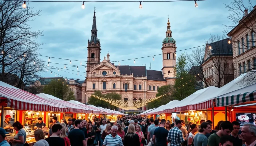 A bustling outdoor festival in the heart of Vilnius, Lithuania. In the foreground, vibrant crowds of locals and tourists mingle, sampling delicious street food and browsing colorful artisanal stalls. Strings of festive lights illuminate the scene, casting a warm glow over the historic architecture in the middle ground. In the background, the iconic spires of Vilnius Cathedral and the Bell Tower rise majestically, framing the lively festivities. Capture the energy and cultural richness of Vilnius' vibrant festival culture, showcasing the city's blend of ancient heritage and contemporary celebration.