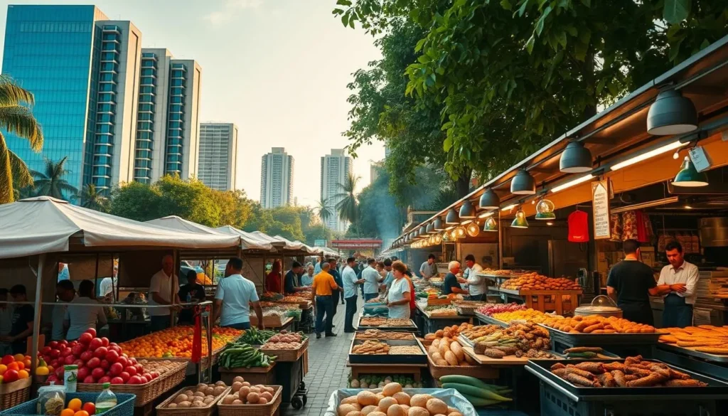 A bustling outdoor market in Brasilia, Brazil, showcasing the vibrant culinary scene of the nation's capital. In the foreground, stalls brim with colorful local produce, freshly baked breads, and an array of sizzling grilled meats. The middle ground features lively chefs and vendors animatedly interacting with patrons, demonstrating the warmth and hospitality of the Brazilian culture. In the background, modern high-rise buildings and lush tropical foliage create a dynamic juxtaposition, highlighting Brasilia's unique architectural and natural landscapes. Warm, golden-hour lighting bathes the scene, evoking a sense of inviting comfort and community. Captured with a wide-angle lens to emphasize the energetic atmosphere and bustling activity, this image captures the essence of Brasilia's celebrated local cuisine.