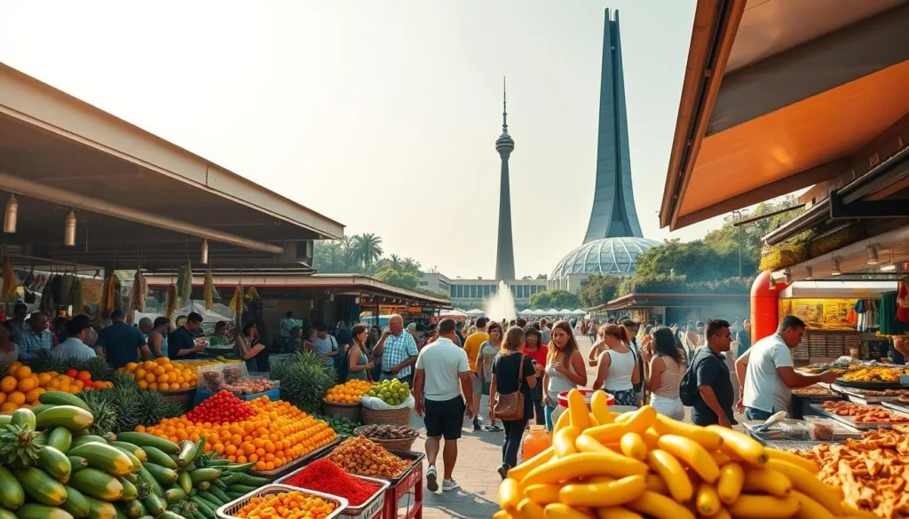 A bustling outdoor market in Brasilia, showcasing the vibrant local cuisine. In the foreground, vendors offer an array of fresh tropical fruits, colorful spices, and sizzling street food stalls. The middle ground features crowds of locals and tourists mingling, sampling delicacies like juicy grilled skewers and fragrant Brazilian barbecue. In the background, the sleek, modernist architecture of Brasilia's iconic landmarks provides a striking contrast. Warm, diffused sunlight bathes the scene, creating a welcoming, lively atmosphere that captures the hidden gems of Brasilia's authentic culinary delights.