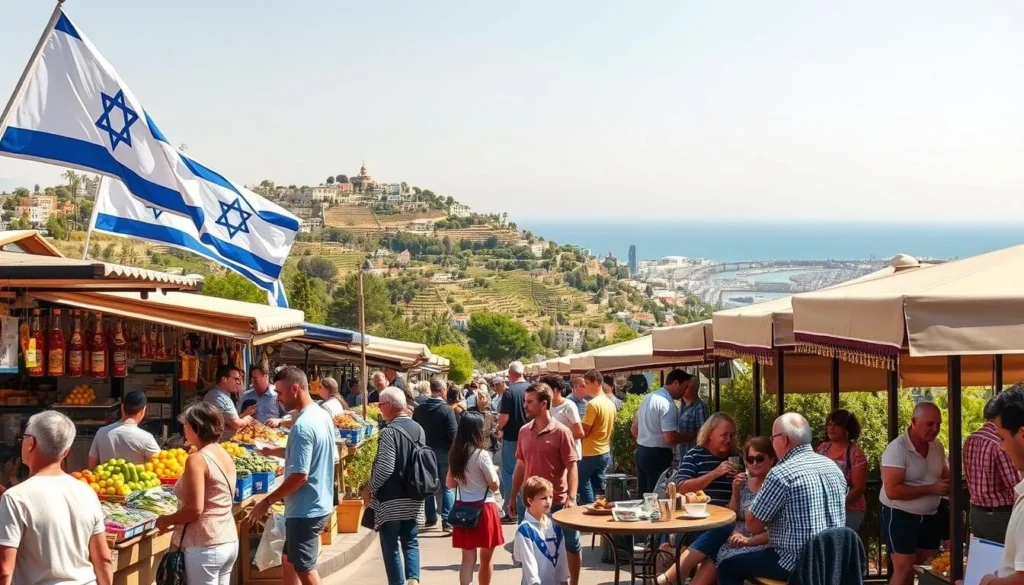 A bustling outdoor market in Haifa on a sunny day, with Israeli flags fluttering in the breeze. Shoppers browse vibrant stalls of local produce, fresh baked goods, and handcrafted souvenirs. In the middle ground, families gather at a lively cafe, sipping coffee and enjoying traditional pastries. In the background, the iconic Bahai Gardens cascade down the hillside, their terraced greenery framing the city's port and the deep blue Mediterranean beyond. A warm, celebratory atmosphere pervades the scene, reflecting the joyful spirit of Israeli holidays in this picturesque coastal city.