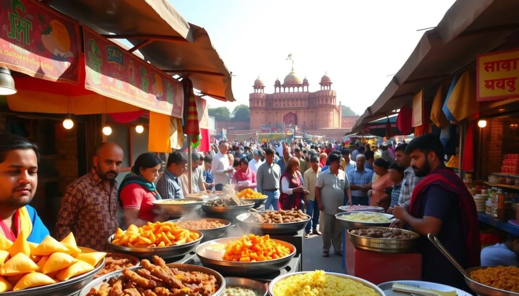 A bustling outdoor market in Jhansi, Uttar Pradesh, showcasing the vibrant culinary delights of the region. In the foreground, a colorful array of freshly prepared local delicacies, including steaming hot samosas, sizzling kebabs, and fragrant biryani. Vendors in traditional attire offer their wares, their faces lit by the warm afternoon sun. In the middle ground, a crowd of eager customers peruse the stalls, immersed in the lively atmosphere of the market. The background features the iconic architecture of Jhansi, with its historic fort and temples, framed by a clear blue sky. The scene exudes the enticing aromas and lively energy of Jhansi's renowned culinary culture.