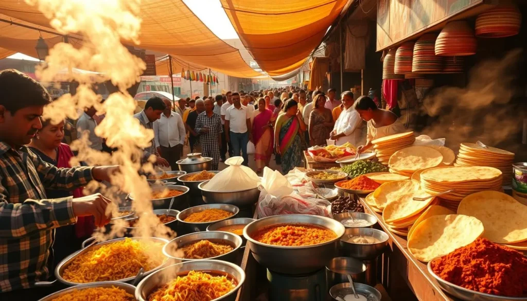 A bustling outdoor market in Kurnool, Andhra Pradesh, showcasing an array of vibrant local cuisine. In the foreground, vendors skillfully prepare steaming biryani, fragrant curries, and crisp dosas, their hands moving with practiced precision. Vibrant spices and fresh produce fill the middle ground, creating a kaleidoscope of colors and aromas. In the background, a lively crowd of locals and tourists meanders through the stalls, absorbing the energetic atmosphere. Warm sunlight filters through the overhead canopies, casting a golden glow and accentuating the rustic charm of the scene. The overall mood is one of bustling activity, cultural authenticity, and mouthwatering culinary delights.
