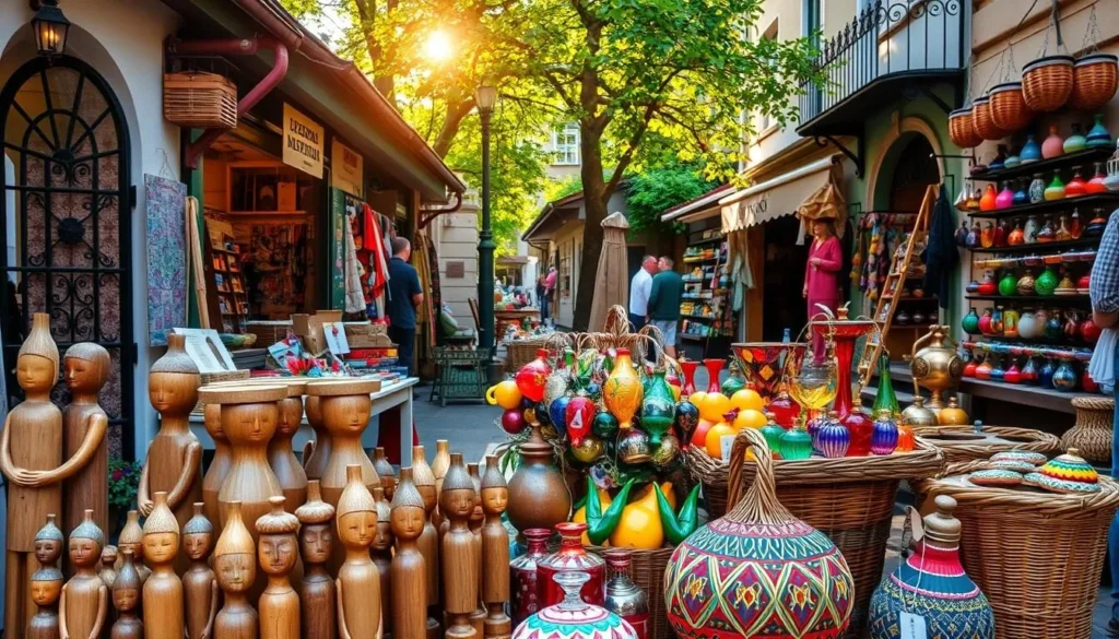A bustling outdoor market in a charming Czech town, showcasing a vibrant display of traditional souvenirs. In the foreground, handcrafted wooden figurines, delicately carved with intricate details, stand alongside vibrant, hand-woven baskets in a rainbow of colors. In the middle ground, a cluster of colorful Bohemian glass ornaments catch the warm, golden sunlight filtering through the trees. In the background, quaint storefronts with wrought-iron facades offer an array of embroidered textiles, artisanal pottery, and authentic Krkonose glassware. The scene exudes a sense of timeless, Old-World charm, inviting visitors to explore the rich cultural heritage of the Czech Republic.
