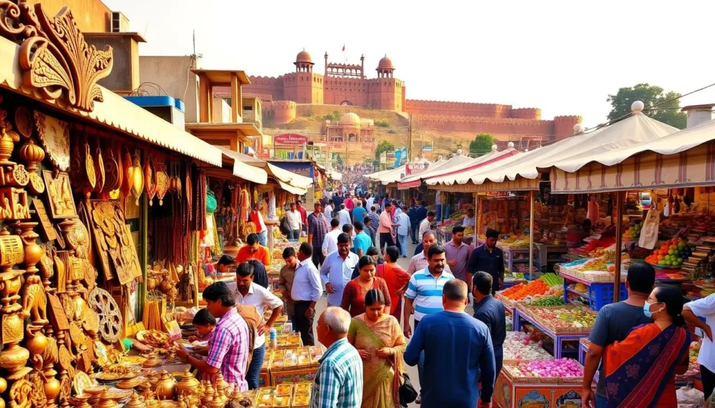 A bustling outdoor market in the heart of Jhansi, Uttar Pradesh, showcasing a vibrant array of local crafts and souvenirs. In the foreground, artisans display their wares - intricate wood carvings, vibrant textiles, and gleaming metal trinkets. Shoppers weave through the stalls, examining the unique handmade items. In the middle ground, colorful stalls overflow with fragrant spices, fresh produce, and traditional sweets. The background features the iconic architecture of Jhansi, including the majestic Jhansi Fort, bathed in warm, golden sunlight. The overall atmosphere is one of energy, culture, and the celebration of Jhansi's rich heritage.