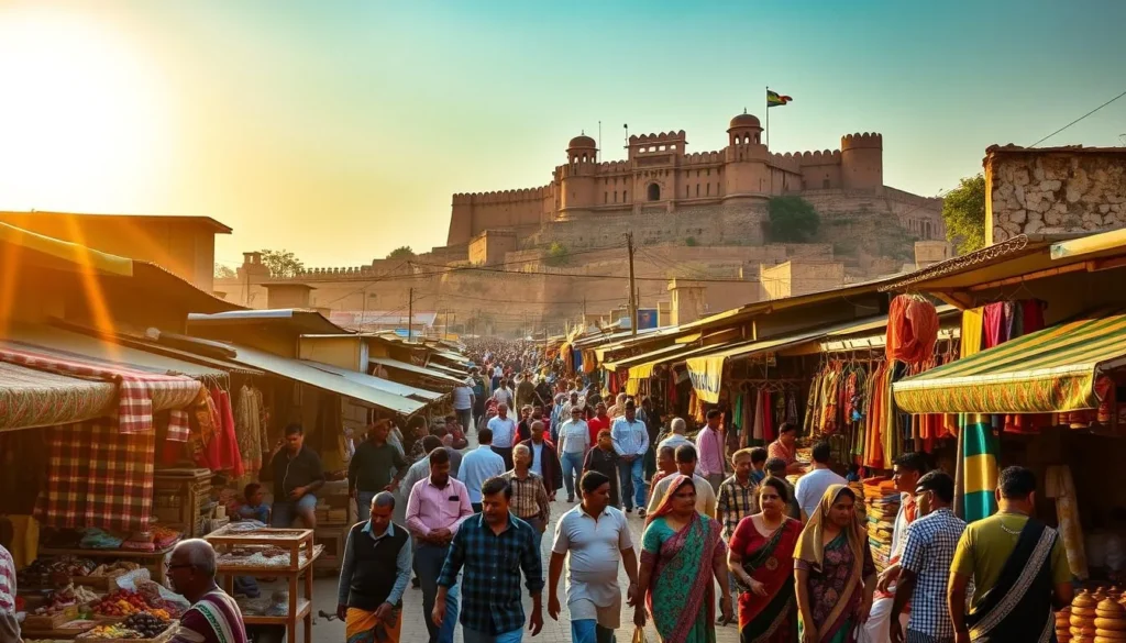 A bustling outdoor market in the heart of Kurnool, Andhra Pradesh, India. The sun casts a warm, golden glow over the vibrant scene. Rows of colorful stalls line the streets, offering a diverse array of local handicrafts, textiles, spices, and produce. Shopkeepers enthusiastically beckon passersby, creating a lively, immersive atmosphere. In the foreground, a group of shoppers leisurely browse the wares, examining intricate fabrics and haggling good-naturedly. The middle ground is filled with the movement of crowds, the chatter of vendors, and the occasional ox-drawn cart weaving through the bustling throng. In the distance, the iconic Konda Reddy Fort stands as a majestic backdrop, its weathered walls and towers adding a sense of timeless history to the scene.