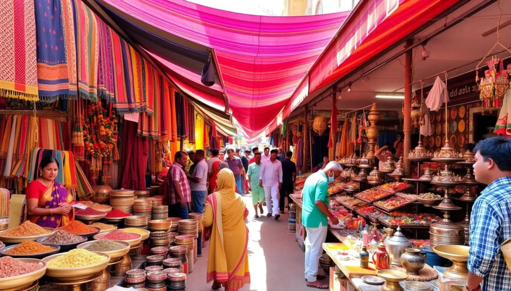 A bustling outdoor marketplace in the heart of Bijapur, Karnataka, with vibrant stalls and vendors selling an array of local wares. Capture the lively atmosphere as sunlight filters through the awnings, illuminating the colorful fabrics, spices, and handicrafts on display. Showcase the diverse offerings, from handwoven textiles to intricate metalwork, against the backdrop of the historic Bijapur architecture. Depict the interactive experience of haggling with friendly merchants and immersing oneself in the sights, sounds, and aromas of this quintessential Indian bazaar setting.