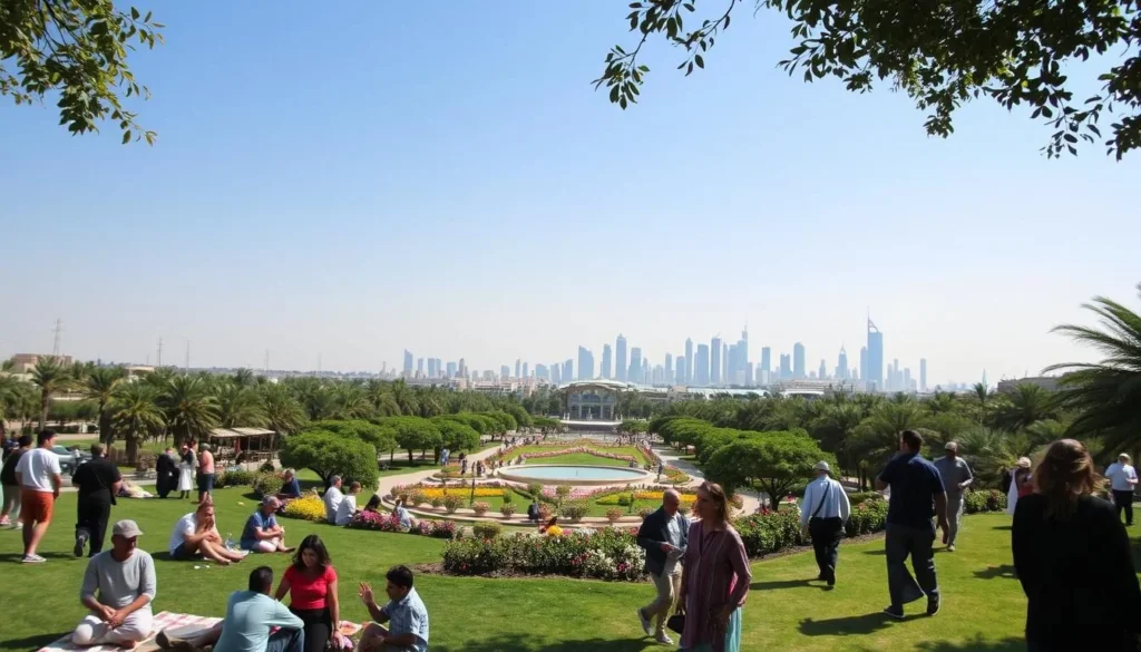 A bustling outdoor scene in Riyadh, Saudi Arabia on a pleasant, sun-dappled day. In the foreground, families and friends engage in various recreational activities, such as picnicking, playing sports, and strolling along lush, well-manicured pathways. In the middle ground, a vibrant public park or garden comes into view, with verdant trees, blooming flowers, and a central water feature that reflects the clear blue sky above. In the distant background, the modern skyline of Riyadh rises, a harmonious blend of traditional and contemporary architecture. The overall atmosphere is one of leisure, community, and a deep appreciation for the temperate, comfortable climate that the city enjoys during its optimal weather months.