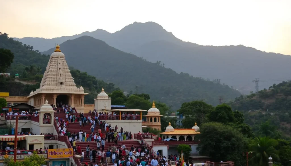 A bustling pilgrimage site nestled in the Eastern Ghats, Tirupati offers a captivating blend of rich spiritual heritage and stunning natural beauty. Depict the iconic Tirumala Venkateswara Temple, its grand architecture adorned with intricate carvings and flanked by lush, rolling hills. In the foreground, capture the vibrant crowds of devotees ascending the sacred Seventeen Steps, their colorful garments and expressions of reverence creating a lively atmosphere. In the middle ground, showcase the serene Akasaganga waterfall, its cascading waters surrounded by verdant foliage. In the background, depict the majestic Seshachalam Hills, their rugged peaks silhouetted against a warm, golden-hued sky. Utilize soft, diffused lighting to create a serene, contemplative mood, while employing a wide-angle lens to capture the grandeur of the landscape.