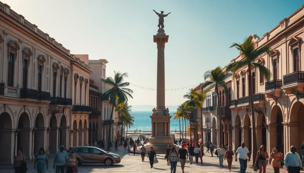 A bustling plaza in Puerto Cabello, Venezuela, bathed in warm afternoon sunlight. In the foreground, a grand neoclassical monument stands tall, its intricate details and carved figures gleaming. Surrounding the plaza, historic buildings with ornate facades line the streets, their balconies and windows casting intriguing shadows. People stroll casually, appreciating the lively atmosphere and the sense of timeless elegance. In the distance, palm trees sway gently, and the blue Caribbean Sea can be glimpsed, hinting at the coastal setting. The scene conveys a harmonious blend of architecture, culture, and natural beauty, inviting the viewer to explore the vibrant heart of Puerto Cabello.