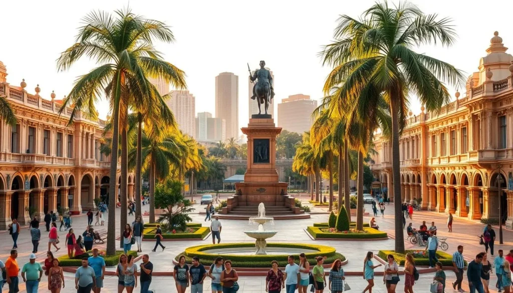 A bustling plaza in the heart of Maracay, Venezuela, bathed in warm, golden sunlight. The iconic statue of Simón Bolívar stands tall, surrounded by lush palm trees and ornate colonial-style buildings. In the foreground, people stroll leisurely, enjoying the vibrant atmosphere. The middle ground features well-manicured gardens, fountains, and benches where locals and tourists alike converse. In the background, the skyline of Maracay's modern skyscrapers rises, creating a harmonious blend of old and new. The scene exudes a sense of community, history, and the vibrant heart of this Venezuelan city.