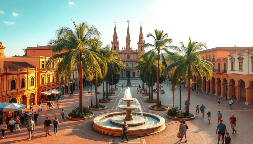 A bustling plaza in the heart of Salto, Uruguay, with a picturesque fountain at its center. Surrounding the plaza are ornate colonial-style buildings, their warm ochre and terracotta hues bathed in the soft, golden light of a pleasant afternoon. Towering palm trees sway gently, casting playful shadows across the paved walkways, where locals and visitors alike stroll leisurely, taking in the vibrant atmosphere. In the distance, the spires of a grand cathedral rise, hinting at the rich history and cultural heritage of this charming Uruguayan city.