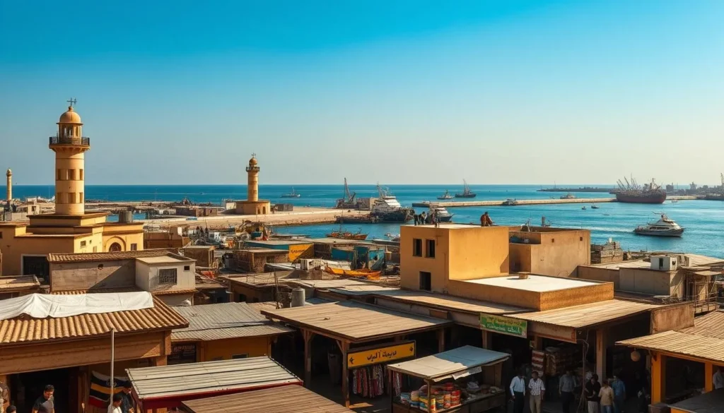A bustling port city in northern Egypt, Port Said stands as a testament to the region's rich history. Set against a backdrop of clear blue skies, depict the city's iconic lighthouse and harbor, with fishing boats and cargo ships dotting the calm waters of the Suez Canal. In the foreground, showcase the vibrant local market, bustling with merchants and shoppers amidst traditional architecture. Capture the essence of the city's evolution, from a small fishing village to a thriving global port, through a balanced composition that blends the old and the new. Utilize warm, golden lighting to evoke a sense of timelessness and the region's enduring spirit.