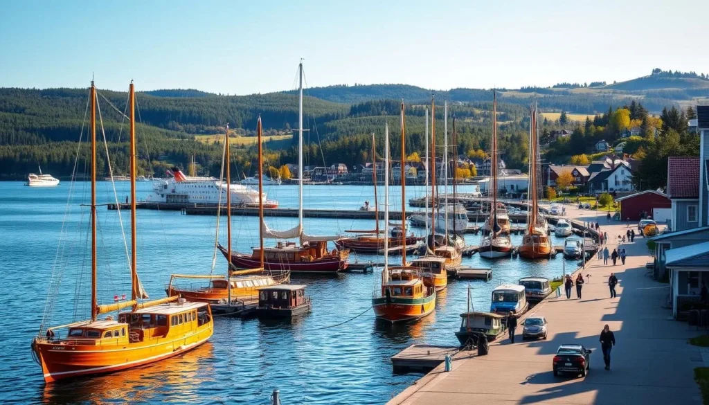 A bustling port on the picturesque Varmdo Island, Sweden. Wooden ferries and sailboats dot the tranquil harbor, their masts gently swaying in the ocean breeze. The surrounding landscape is a tapestry of lush forests, rolling hills, and charming seaside cottages, bathed in the warm glow of a sun-dappled afternoon. Pedestrians stroll along the quaint promenade, taking in the sights and sounds of this idyllic island haven. The scene captures the essence of Varmdo's unique transportation network, blending traditional vessels with the natural beauty of the Swedish archipelago.