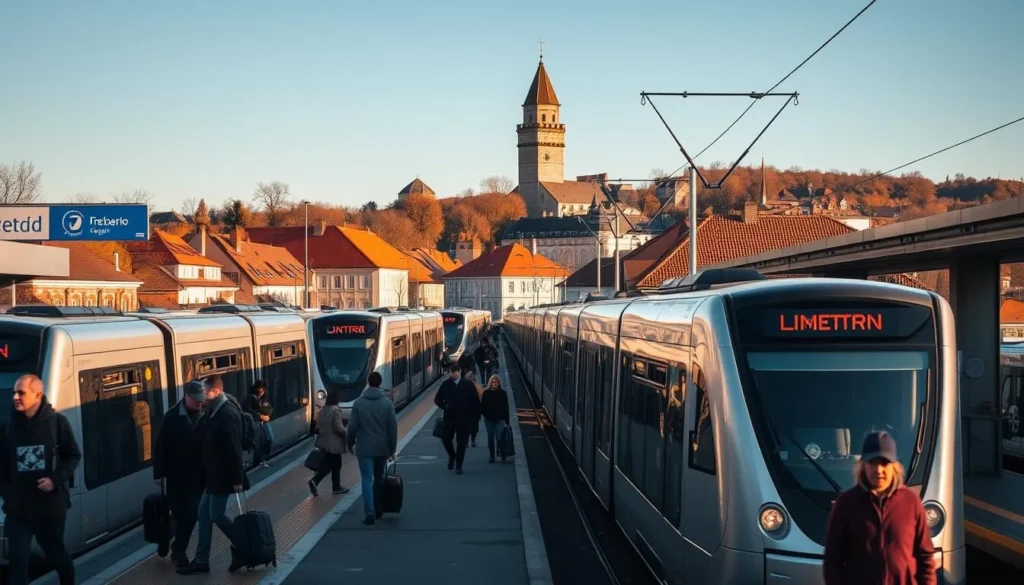 A bustling public transport hub in the heart of Liberec Region, Czechia. A modern tram station with sleek, silver vehicles waiting to whisk passengers to their destinations. The scene is bathed in warm, golden sunlight, casting long shadows across the platform. Travelers hurry along, luggage in hand, while others linger, taking in the lively atmosphere. In the background, the iconic Ještěd Tower peaks over the rooftops, a testament to the region's architectural heritage. The overall mood is one of efficiency and anticipation, reflecting the practical nature of public transport.