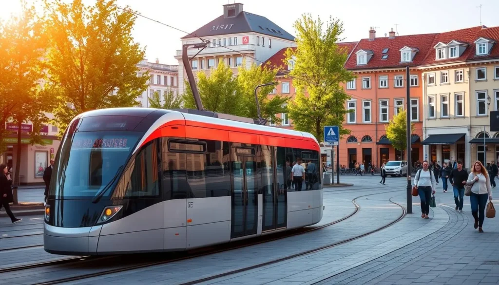 A bustling public transportation hub in the charming city of Jonkoping, Sweden. A modern, streamlined tram glides through the frame, its sleek design and vibrant colors complementing the well-maintained streets and buildings in the background. Pedestrians stroll along the tree-lined sidewalks, adding a sense of liveliness to the scene. Warm, diffused sunlight casts a gentle glow, creating a pleasant, inviting atmosphere. The architecture features a mix of traditional Swedish styles and contemporary elements, showcasing the city's blend of old and new. The overall composition conveys the energy and convenience of Jonkoping's public transportation system, highlighting its role in the city's charm and character.