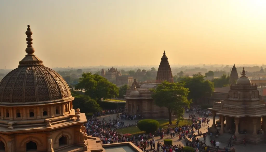 A bustling religious landscape in Solapur, Maharashtra, bathed in warm afternoon sunlight. In the foreground, the ornate domes and minarets of an ancient mosque rise majestically, their intricate patterns and decorations casting intricate shadows. In the middle ground, a historic temple with carved stone facades and a towering spire dominates the scene, surrounded by lush green trees and bustling crowds of devotees. In the background, the hazy silhouettes of other sacred structures dot the horizon, creating a harmonious symphony of architectural styles and spiritual energy. The atmosphere is one of reverence, tranquility, and the rich tapestry of India's diverse religious heritage.