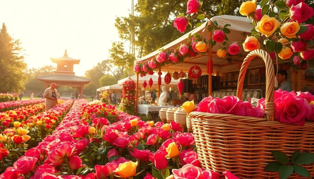 A bustling rose festival in a lush, sun-dappled garden. Rows of vibrant blossoms in hues of crimson, pink, and yellow stretch out before the viewer. In the foreground, a wicker basket overflows with fragrant petals, inviting visitors to immerse themselves in the floral abundance. The middle ground features a charming market stall, its canopy adorned with garlands of roses, where local artisans display their handcrafted wares - delicate jewelry, embroidered shawls, and delicate porcelain figurines. In the background, a traditional pavilion stands, its ornate architecture a testament to the region's rich cultural heritage. The warm, golden light filters through the trees, creating a serene and inviting atmosphere that beckons the viewer to explore the festival's offerings.